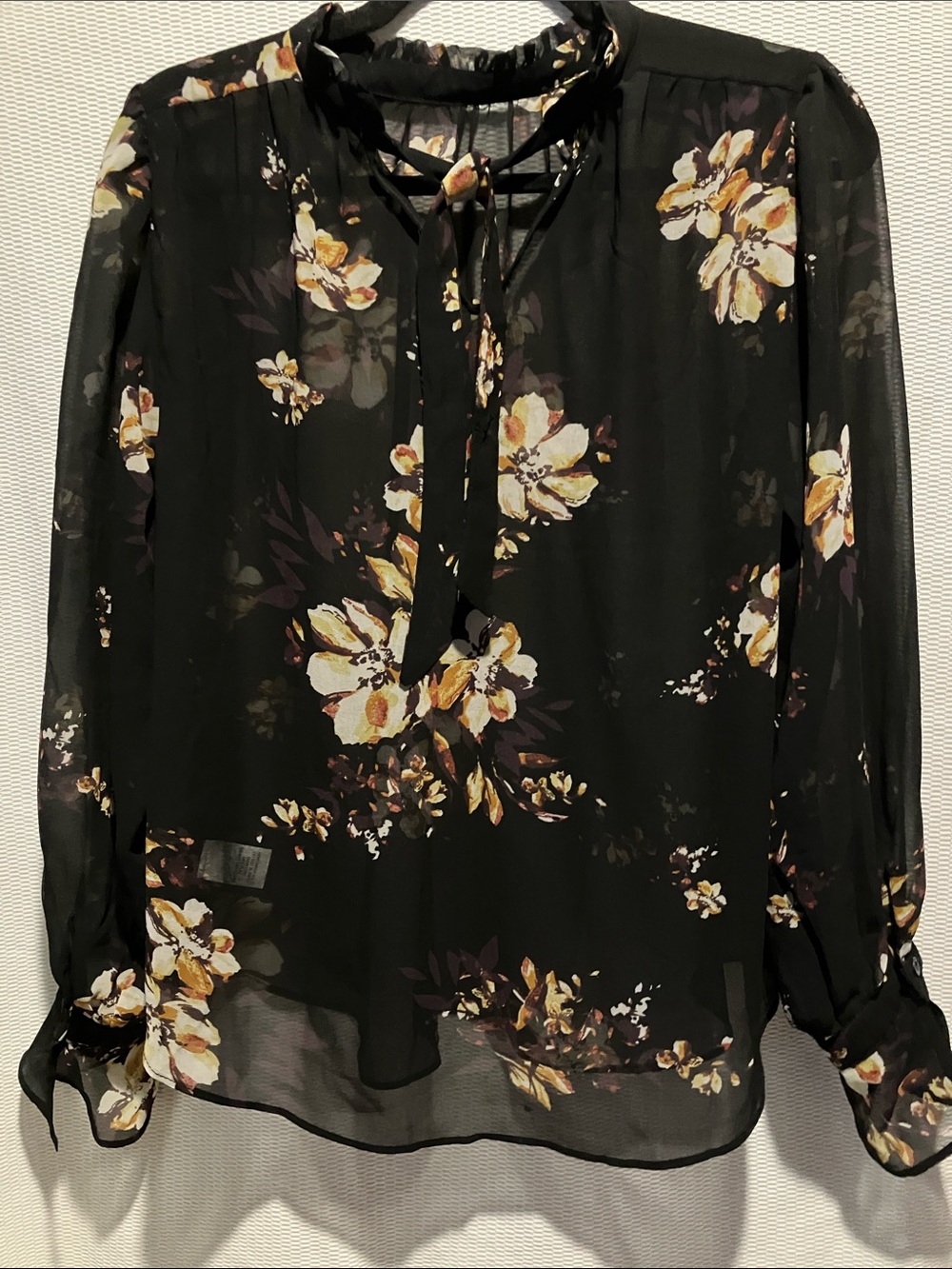 Black Floral Tie-Neck Sheer Blouse